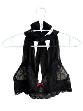 La Vie En Rose Black Lace Choker Tie Halter Bralette with Red Bow – Size S/M EUC